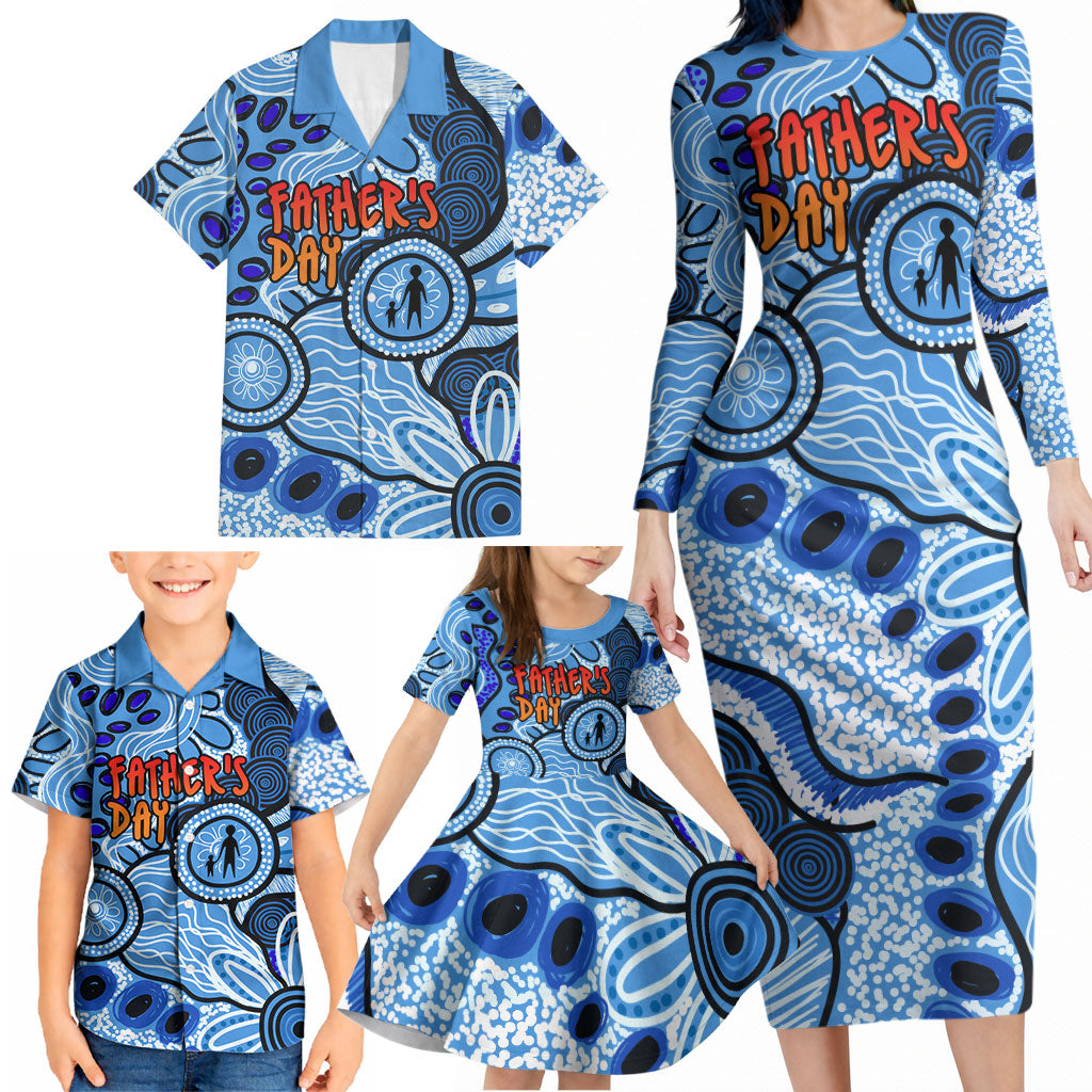 Australia Aboriginal Fathers Day Family Matching Long Sleeve Bodycon Dress and Hawaiian Shirt Indigenous Dot Art Pattern - Parent Child