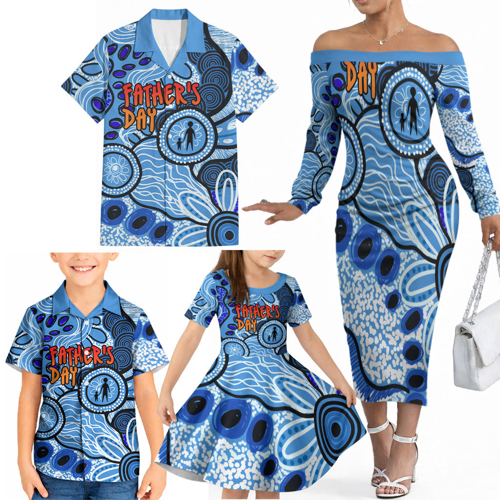 Australia Aboriginal Fathers Day Family Matching Off The Shoulder Long Sleeve Dress and Hawaiian Shirt Indigenous Dot Art Pattern - Parent Child