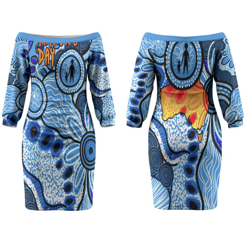 Australia Aboriginal Fathers Day Family Matching Off The Shoulder Long Sleeve Dress and Hawaiian Shirt Indigenous Dot Art Pattern - Parent Child