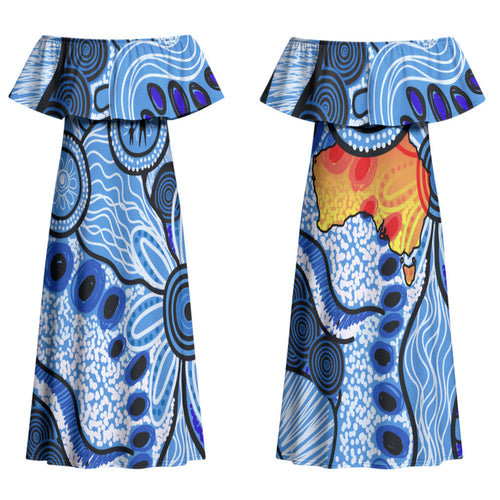 Australia Aboriginal Fathers Day Family Matching Off Shoulder Maxi Dress and Hawaiian Shirt Indigenous Dot Art Pattern - Parent Child