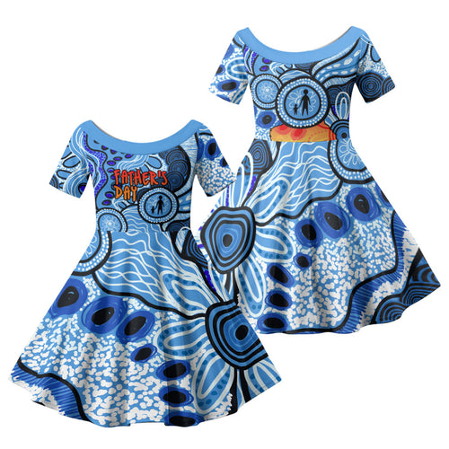 Australia Aboriginal Fathers Day Family Matching Off Shoulder Short Dress and Hawaiian Shirt Indigenous Dot Art Pattern - Parent Child