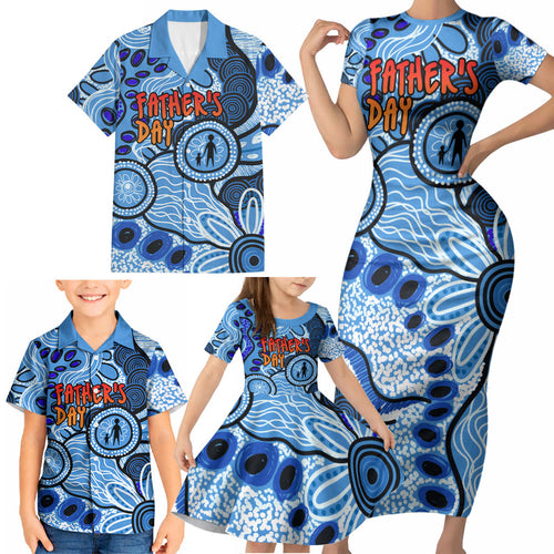 Australia Aboriginal Fathers Day Family Matching Short Sleeve Bodycon Dress and Hawaiian Shirt Indigenous Dot Art Pattern - Parent Child