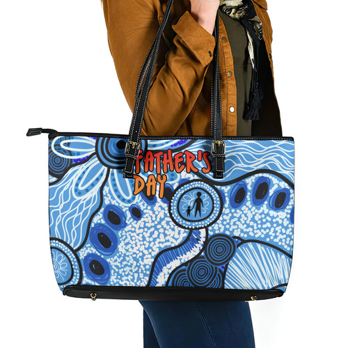 Australia Aboriginal Fathers Day Leather Tote Bag Indigenous Dot Art Pattern - Parent Child