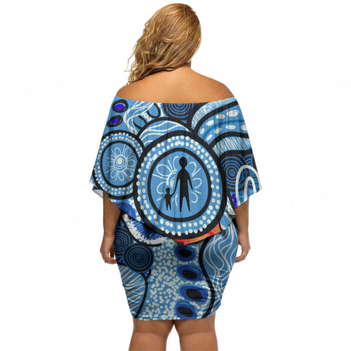Australia Aboriginal Fathers Day Off Shoulder Short Dress Indigenous Dot Art Pattern - Parent Child