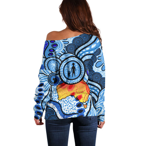 Australia Aboriginal Fathers Day Off Shoulder Sweater Indigenous Dot Art Pattern - Parent Child