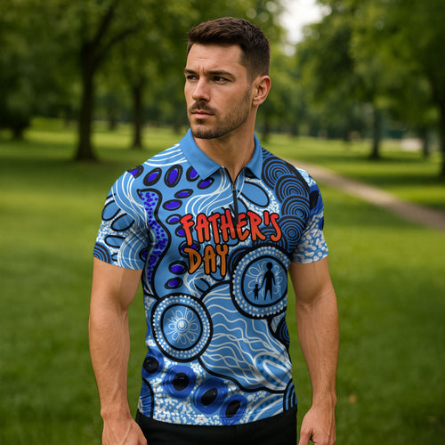 Australia Aboriginal Fathers Day Zipper Polo Shirt Indigenous Dot Art Pattern - Parent Child