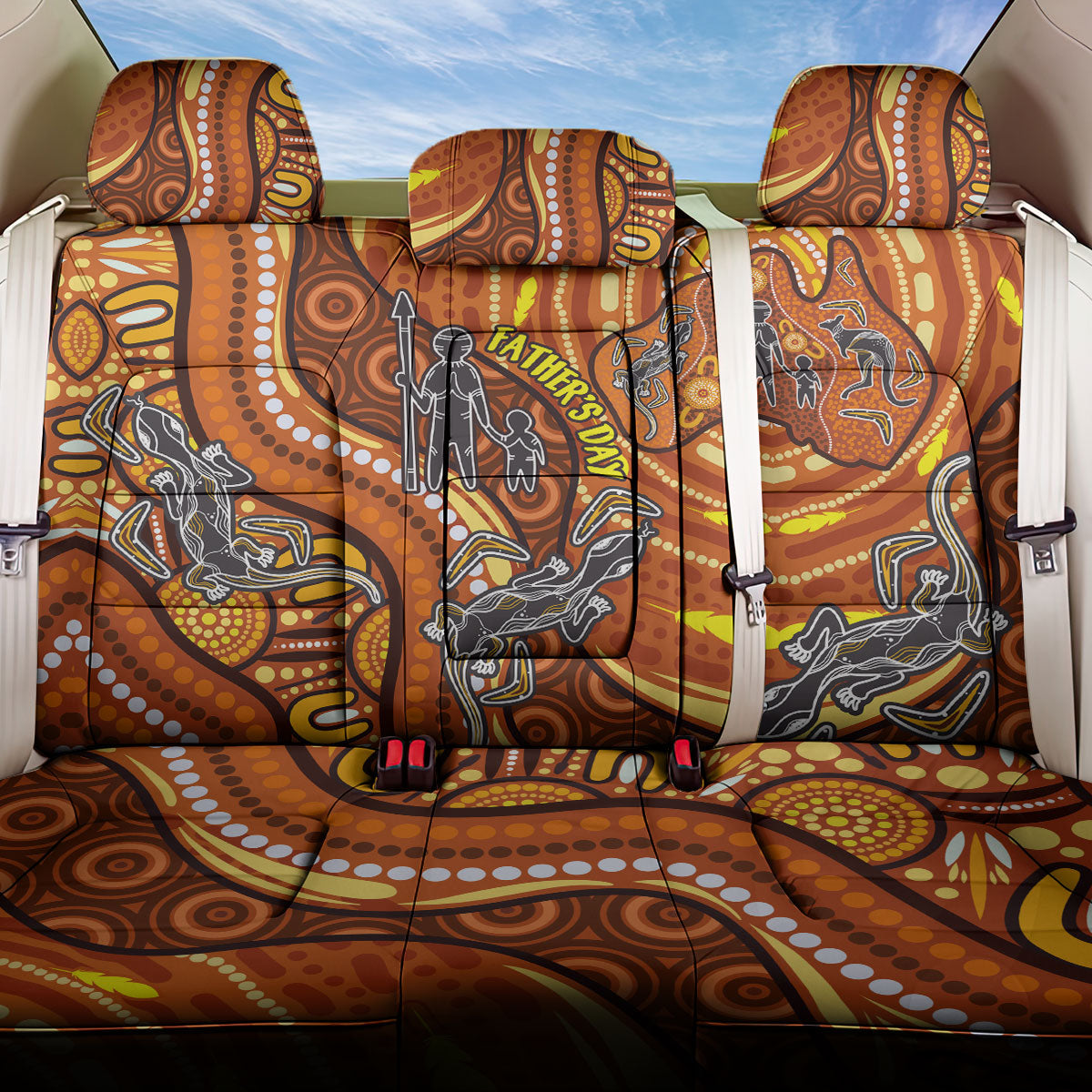 Australia Fathers Day Back Car Seat Cover Aboriginal Dot Art - Kangaroo And Lizard