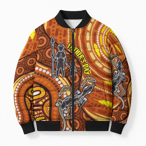 Australia Fathers Day Bomber Puffer Jacket Aboriginal Dot Art - Kangaroo And Lizard