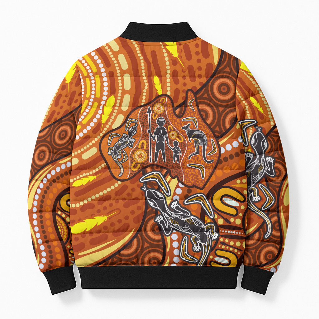 Australia Fathers Day Bomber Puffer Jacket Aboriginal Dot Art - Kangaroo And Lizard
