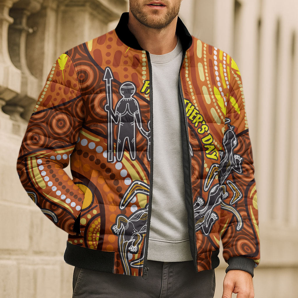 Australia Fathers Day Bomber Puffer Jacket Aboriginal Dot Art - Kangaroo And Lizard