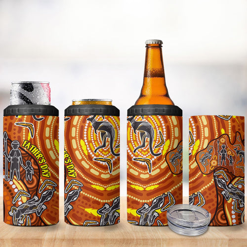 Australia Fathers Day 4 in 1 Can Cooler Tumbler Aboriginal Dot Art - Kangaroo And Lizard