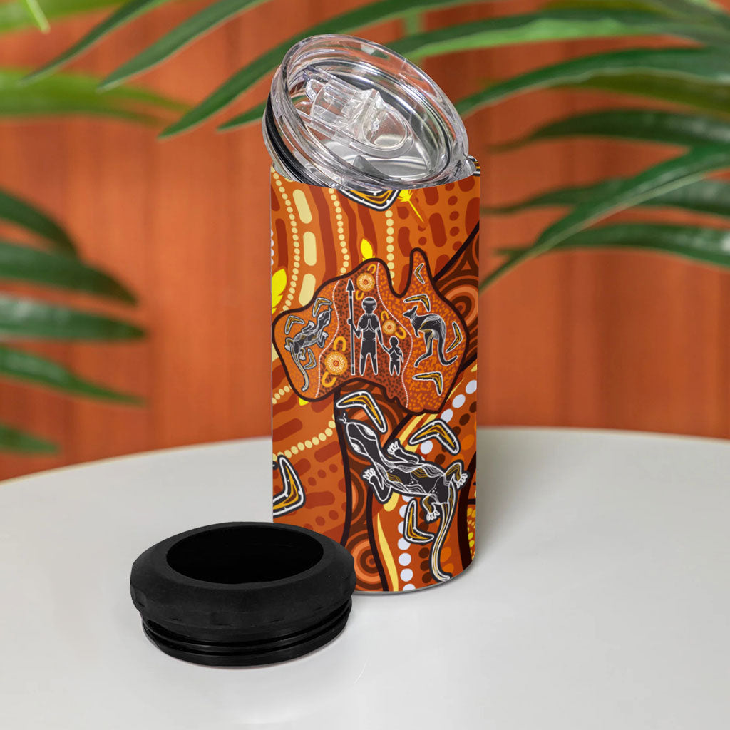 Australia Fathers Day 4 in 1 Can Cooler Tumbler Aboriginal Dot Art - Kangaroo And Lizard