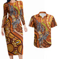 Australia Fathers Day Couples Matching Long Sleeve Bodycon Dress and Hawaiian Shirt Aboriginal Dot Art - Kangaroo And Lizard