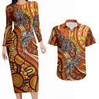 Australia Fathers Day Couples Matching Long Sleeve Bodycon Dress and Hawaiian Shirt Aboriginal Dot Art - Kangaroo And Lizard