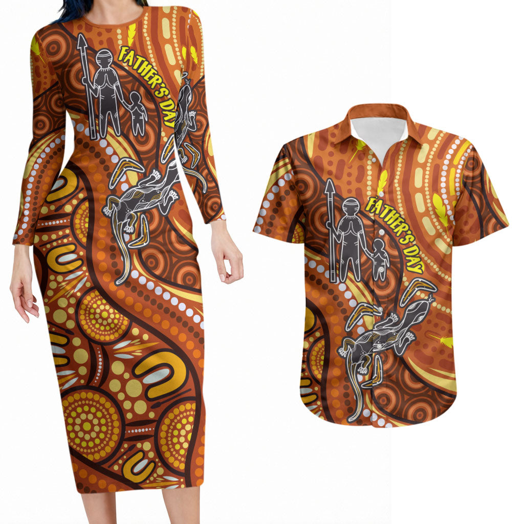 Australia Fathers Day Couples Matching Long Sleeve Bodycon Dress and Hawaiian Shirt Aboriginal Dot Art - Kangaroo And Lizard