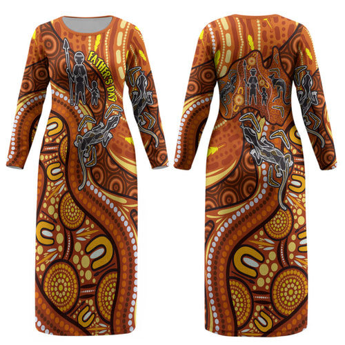 Australia Fathers Day Couples Matching Long Sleeve Bodycon Dress and Hawaiian Shirt Aboriginal Dot Art - Kangaroo And Lizard