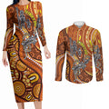 Australia Fathers Day Couples Matching Long Sleeve Bodycon Dress and Long Sleeve Button Shirt Aboriginal Dot Art - Kangaroo And Lizard