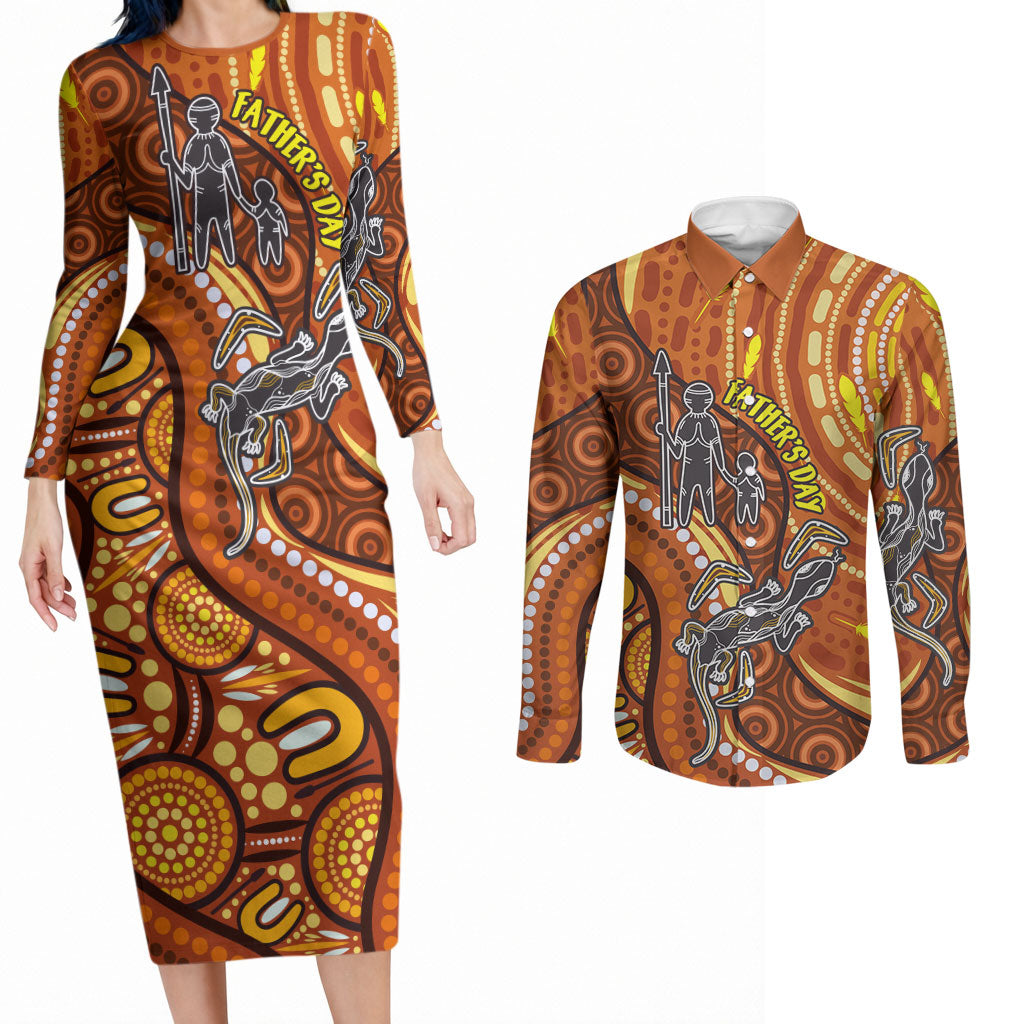 Australia Fathers Day Couples Matching Long Sleeve Bodycon Dress and Long Sleeve Button Shirt Aboriginal Dot Art - Kangaroo And Lizard