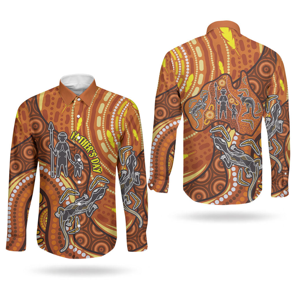 Australia Fathers Day Couples Matching Long Sleeve Bodycon Dress and Long Sleeve Button Shirt Aboriginal Dot Art - Kangaroo And Lizard
