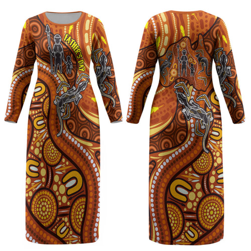 Australia Fathers Day Couples Matching Long Sleeve Bodycon Dress and Long Sleeve Button Shirt Aboriginal Dot Art - Kangaroo And Lizard