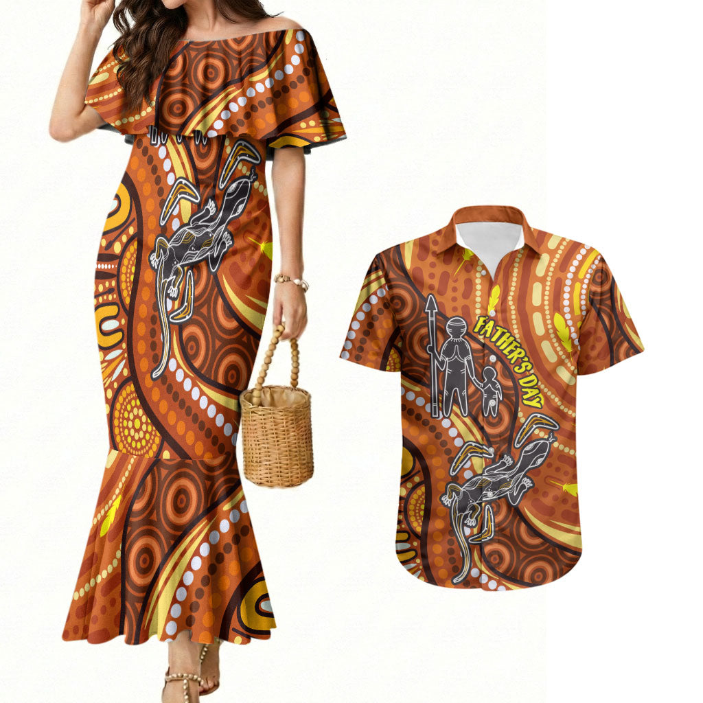 Australia Fathers Day Couples Matching Mermaid Dress and Hawaiian Shirt Aboriginal Dot Art - Kangaroo And Lizard