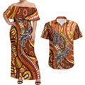 Australia Fathers Day Couples Matching Off Shoulder Maxi Dress and Hawaiian Shirt Aboriginal Dot Art - Kangaroo And Lizard