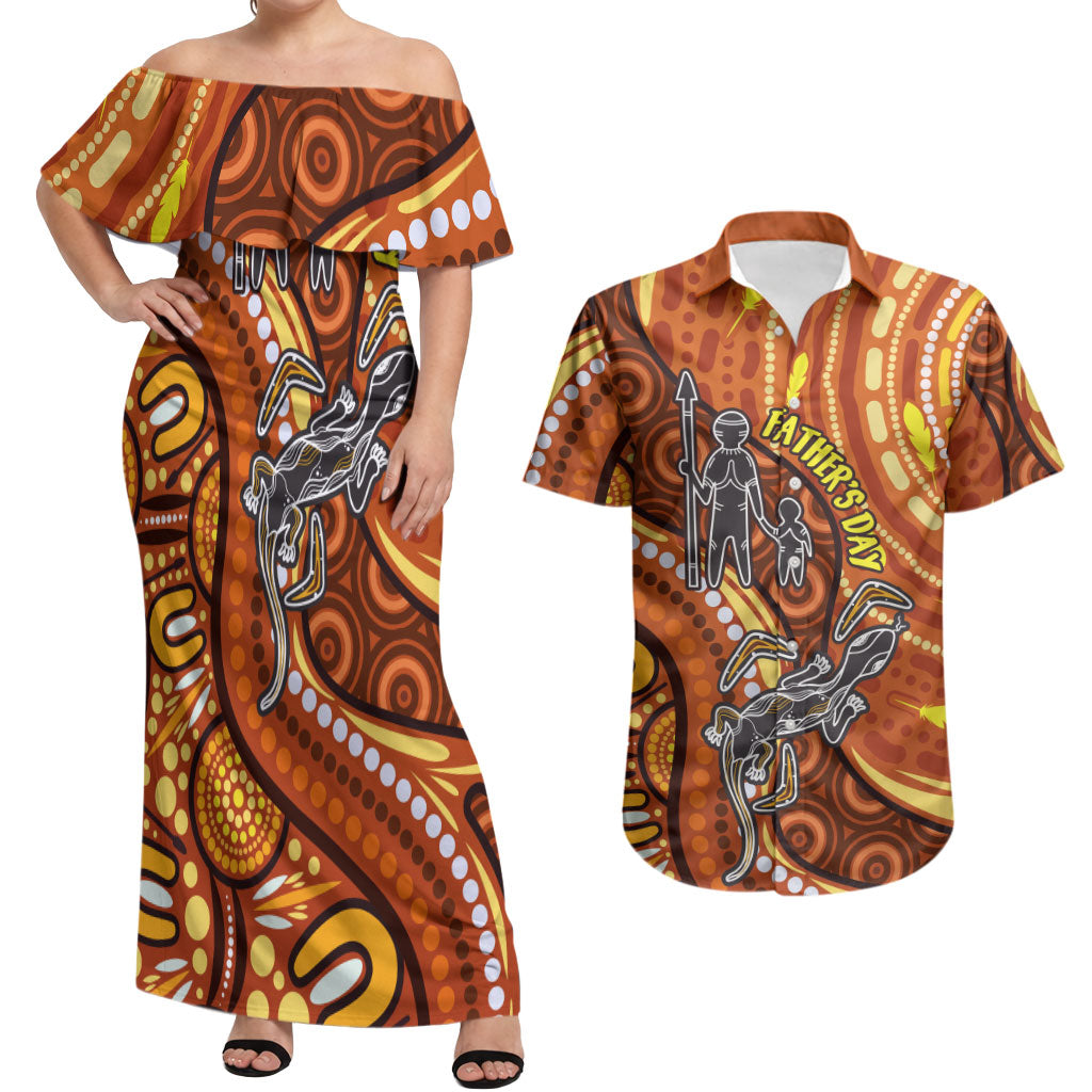 Australia Fathers Day Couples Matching Off Shoulder Maxi Dress and Hawaiian Shirt Aboriginal Dot Art - Kangaroo And Lizard