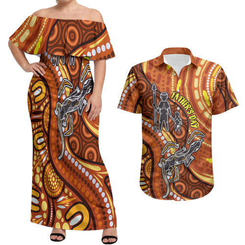Australia Fathers Day Couples Matching Off Shoulder Maxi Dress and Hawaiian Shirt Aboriginal Dot Art - Kangaroo And Lizard
