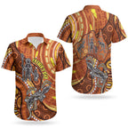Australia Fathers Day Couples Matching Off Shoulder Maxi Dress and Hawaiian Shirt Aboriginal Dot Art - Kangaroo And Lizard