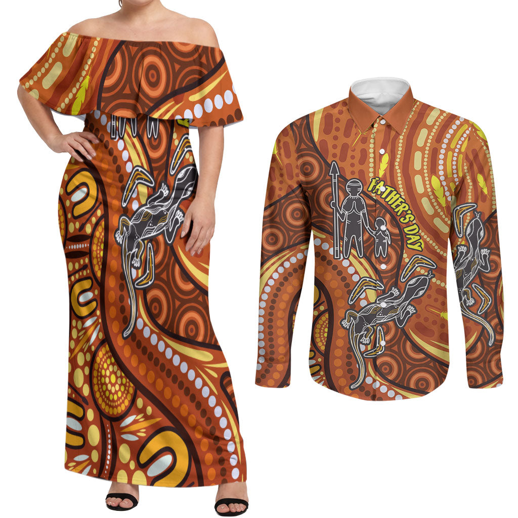 Australia Fathers Day Couples Matching Off Shoulder Maxi Dress and Long Sleeve Button Shirt Aboriginal Dot Art - Kangaroo And Lizard