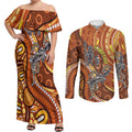 Australia Fathers Day Couples Matching Off Shoulder Maxi Dress and Long Sleeve Button Shirt Aboriginal Dot Art - Kangaroo And Lizard