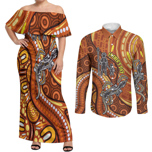 Australia Fathers Day Couples Matching Off Shoulder Maxi Dress and Long Sleeve Button Shirt Aboriginal Dot Art - Kangaroo And Lizard