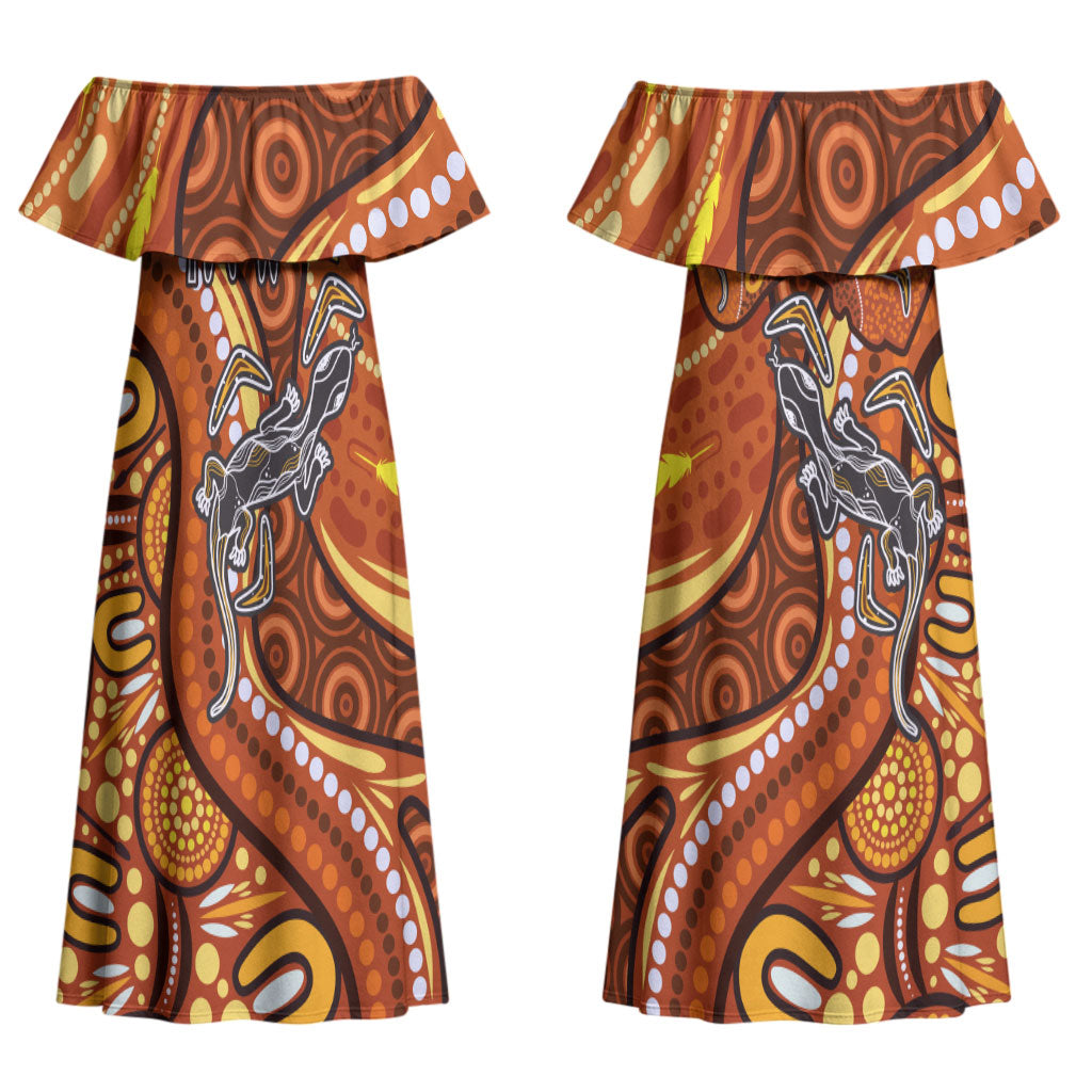 Australia Fathers Day Couples Matching Off Shoulder Maxi Dress and Long Sleeve Button Shirt Aboriginal Dot Art - Kangaroo And Lizard