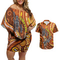 Australia Fathers Day Couples Matching Off Shoulder Short Dress and Hawaiian Shirt Aboriginal Dot Art - Kangaroo And Lizard