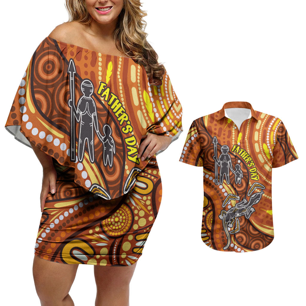 Australia Fathers Day Couples Matching Off Shoulder Short Dress and Hawaiian Shirt Aboriginal Dot Art - Kangaroo And Lizard
