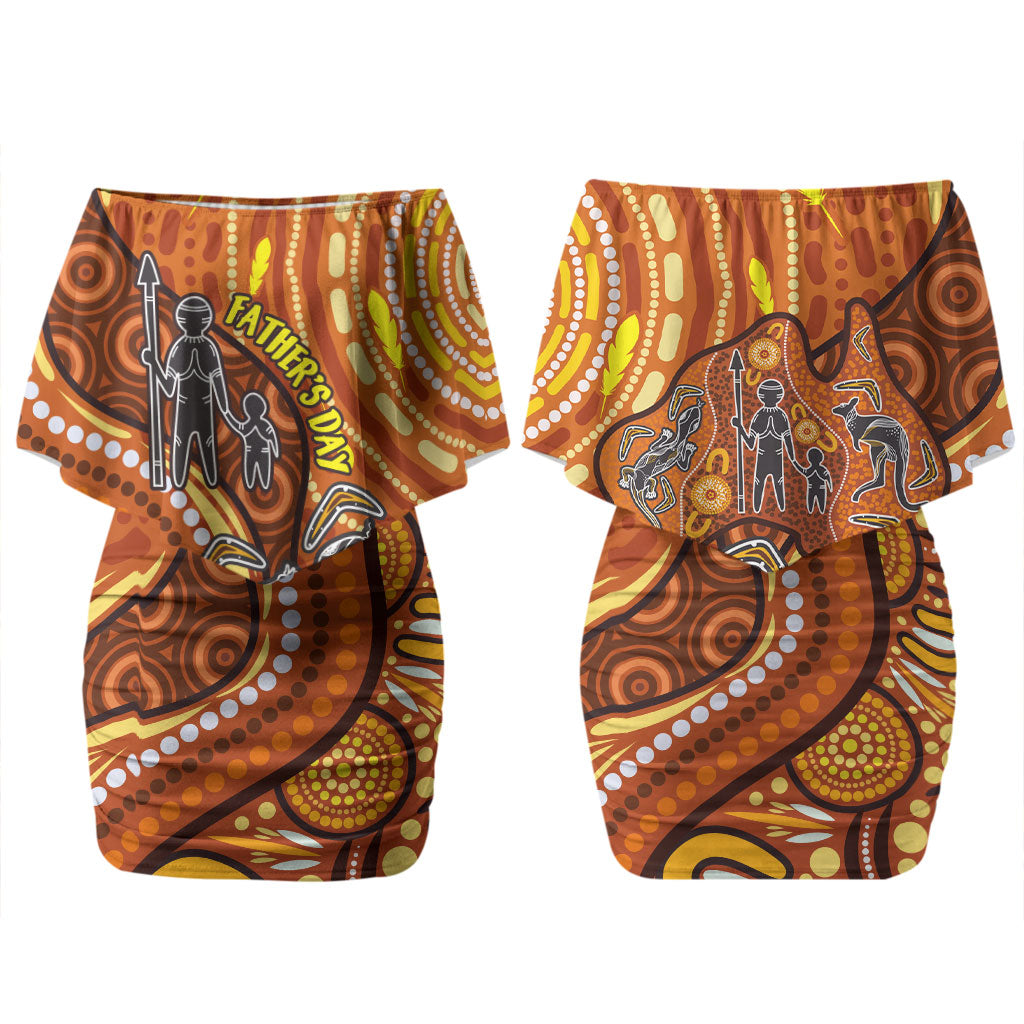 Australia Fathers Day Couples Matching Off Shoulder Short Dress and Hawaiian Shirt Aboriginal Dot Art - Kangaroo And Lizard