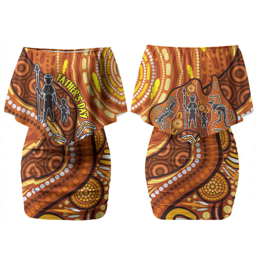 Australia Fathers Day Couples Matching Off Shoulder Short Dress and Hawaiian Shirt Aboriginal Dot Art - Kangaroo And Lizard