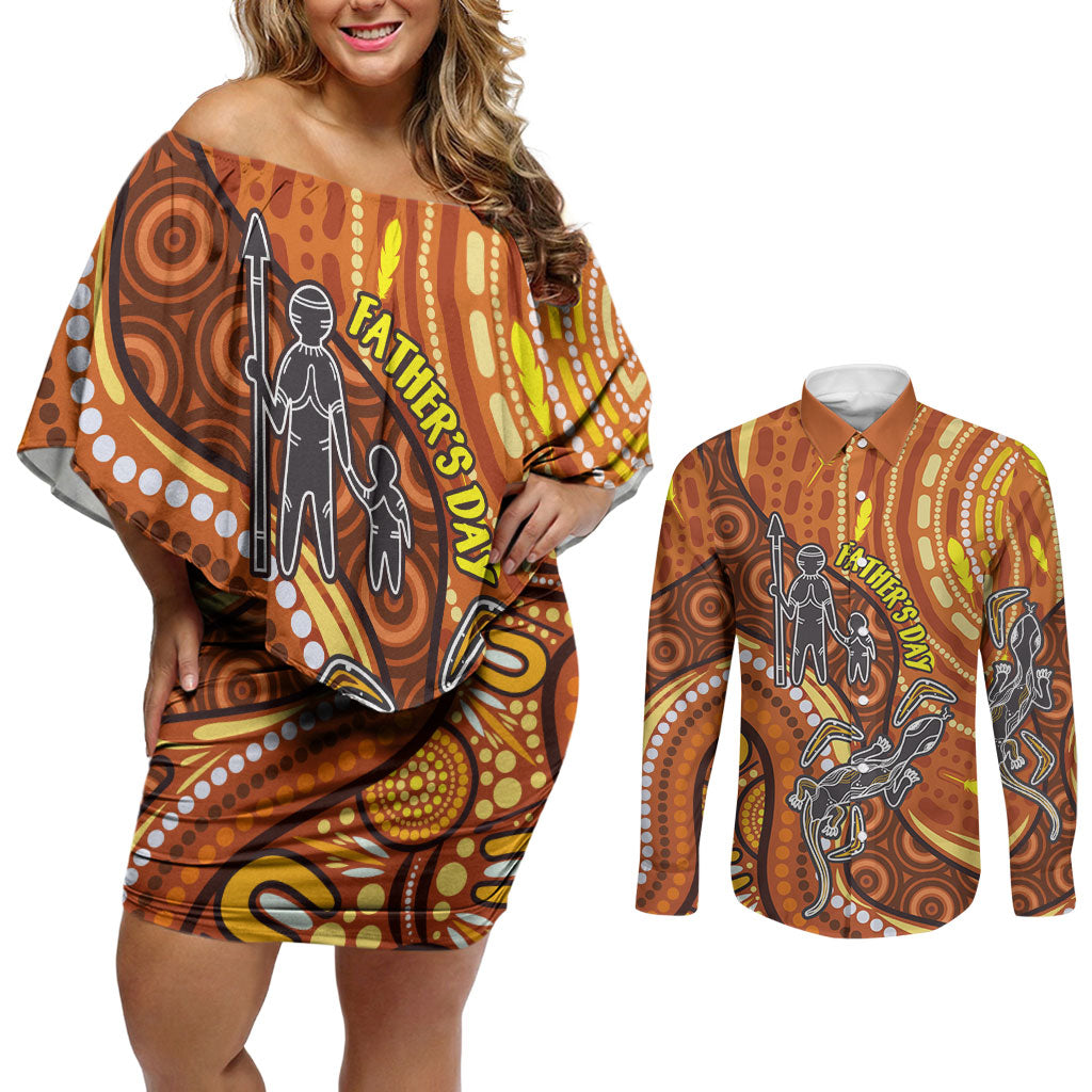Australia Fathers Day Couples Matching Off Shoulder Short Dress and Long Sleeve Button Shirt Aboriginal Dot Art - Kangaroo And Lizard