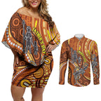 Australia Fathers Day Couples Matching Off Shoulder Short Dress and Long Sleeve Button Shirt Aboriginal Dot Art - Kangaroo And Lizard