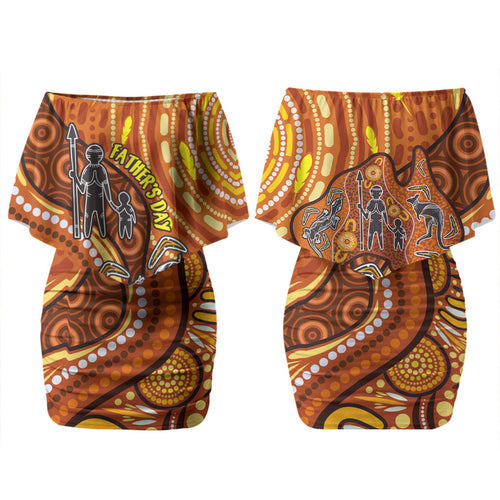 Australia Fathers Day Couples Matching Off Shoulder Short Dress and Long Sleeve Button Shirt Aboriginal Dot Art - Kangaroo And Lizard