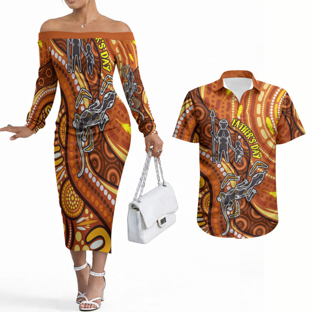 Australia Fathers Day Couples Matching Off The Shoulder Long Sleeve Dress and Hawaiian Shirt Aboriginal Dot Art - Kangaroo And Lizard