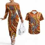Australia Fathers Day Couples Matching Off The Shoulder Long Sleeve Dress and Hawaiian Shirt Aboriginal Dot Art - Kangaroo And Lizard