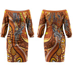 Australia Fathers Day Couples Matching Off The Shoulder Long Sleeve Dress and Hawaiian Shirt Aboriginal Dot Art - Kangaroo And Lizard