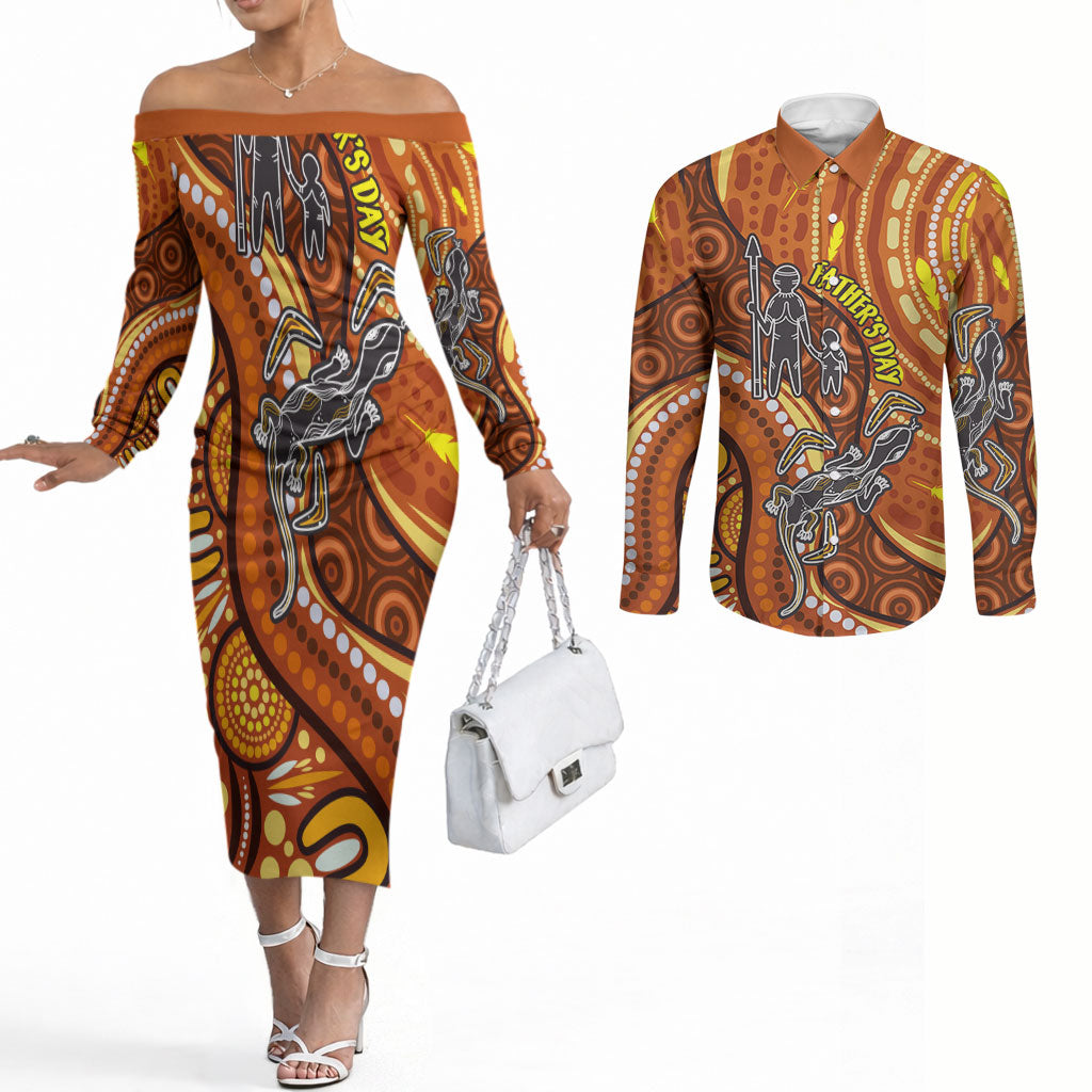 Australia Fathers Day Couples Matching Off The Shoulder Long Sleeve Dress and Long Sleeve Button Shirt Aboriginal Dot Art - Kangaroo And Lizard
