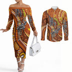 Australia Fathers Day Couples Matching Off The Shoulder Long Sleeve Dress and Long Sleeve Button Shirt Aboriginal Dot Art - Kangaroo And Lizard