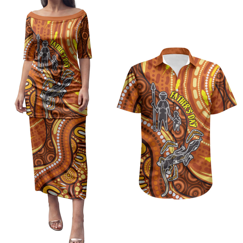 Australia Fathers Day Couples Matching Puletasi and Hawaiian Shirt Aboriginal Dot Art - Kangaroo And Lizard