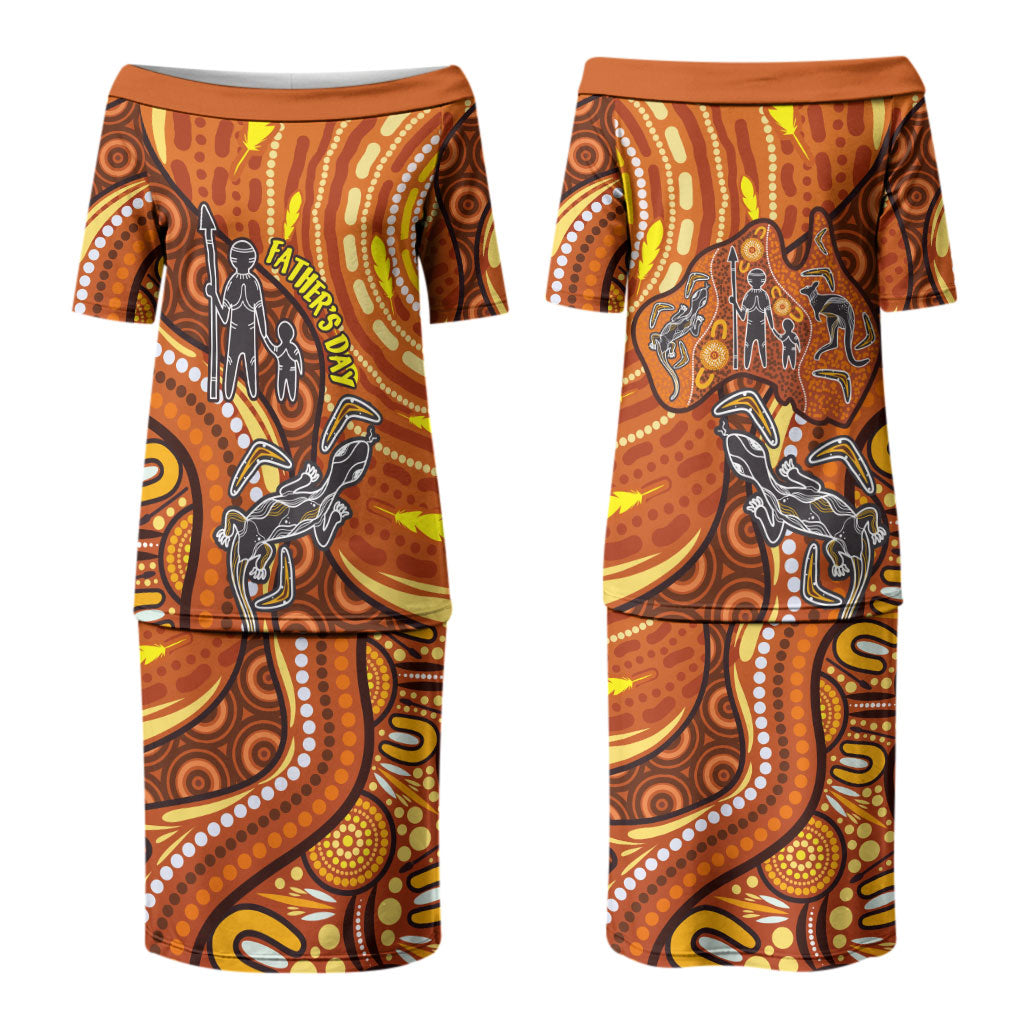 Australia Fathers Day Couples Matching Puletasi and Hawaiian Shirt Aboriginal Dot Art - Kangaroo And Lizard