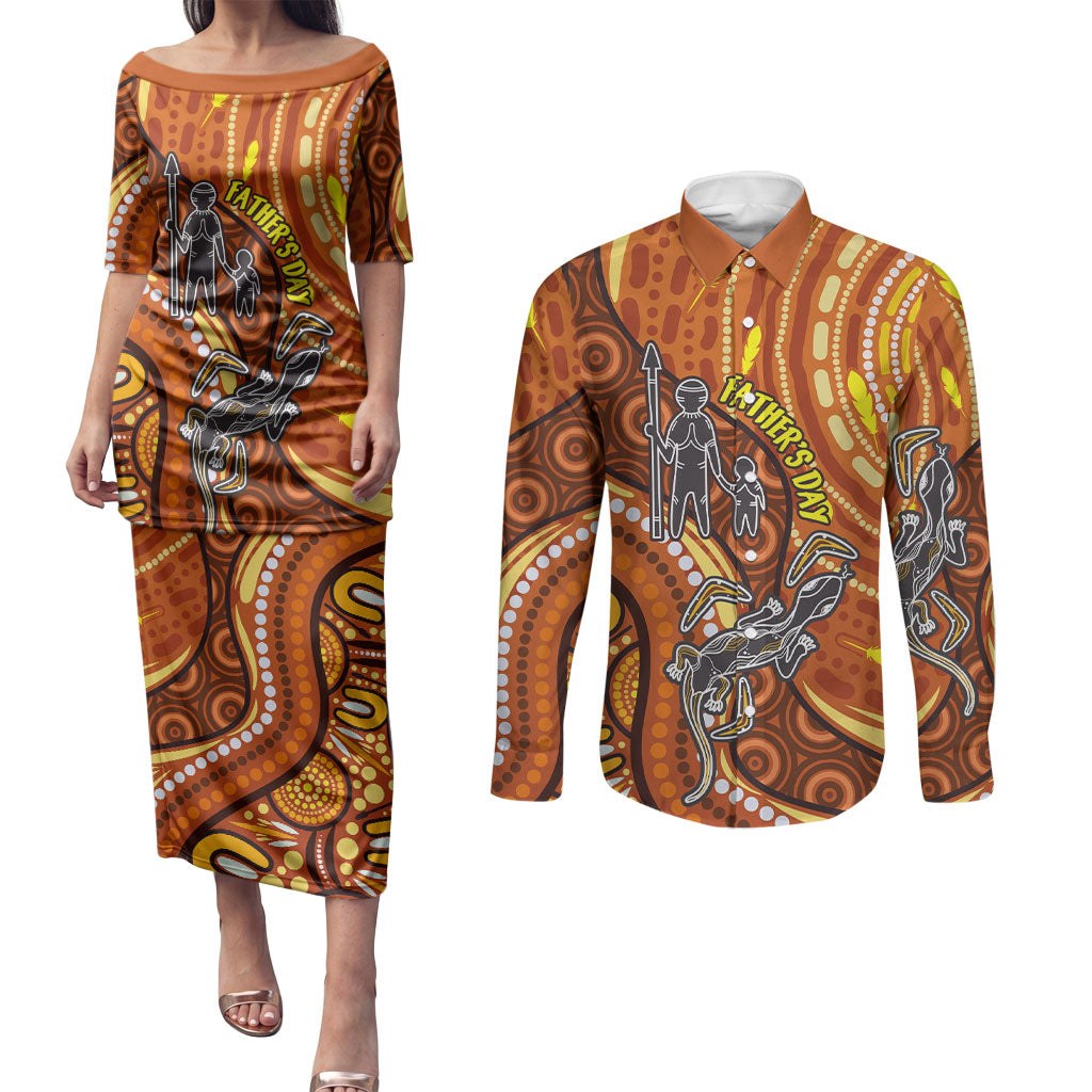 Australia Fathers Day Couples Matching Puletasi and Long Sleeve Button Shirt Aboriginal Dot Art - Kangaroo And Lizard