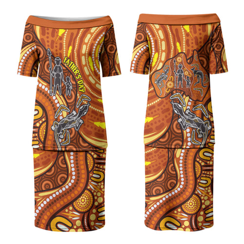 Australia Fathers Day Couples Matching Puletasi and Long Sleeve Button Shirt Aboriginal Dot Art - Kangaroo And Lizard