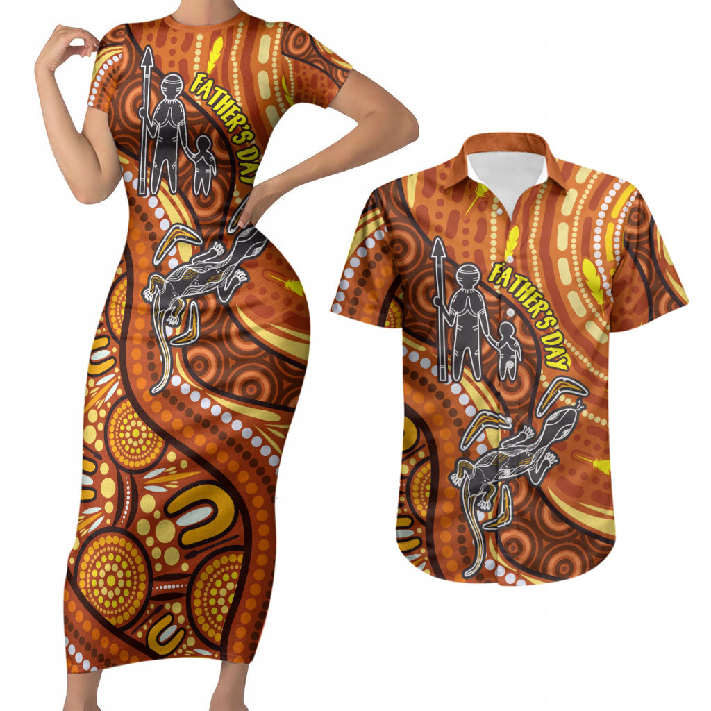 Australia Fathers Day Couples Matching Short Sleeve Bodycon Dress and Hawaiian Shirt Aboriginal Dot Art - Kangaroo And Lizard